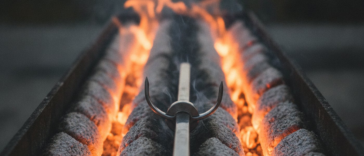 Glowing charcoal coals banked in two lines beneath a spit rod