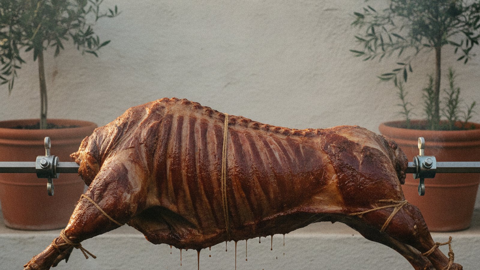 A whole lamb trussed lengthwise on a steel spit, roasting over ashed charcoal coals in a Cape Town garden